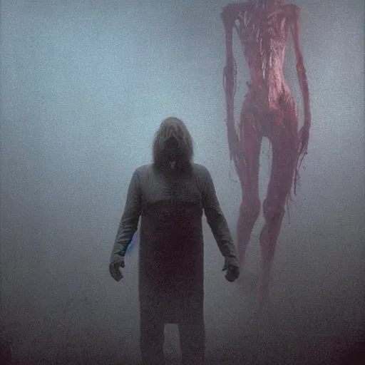 Image similar to nick cage in silent hill. hyperrealistic. by zdzisław beksinski and hr giger. hell, demons, xenomorph, cronenberg, body horror. nurses in the background. misty cityscape. dirty, grimy.