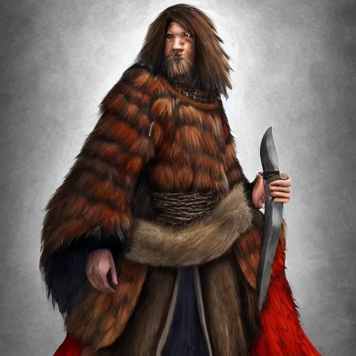 Prompt: head and shoulders character portrait of Bjørn, a travelling shaman wearing a bearskin cloak and holding a fang dagger. D&D character art.