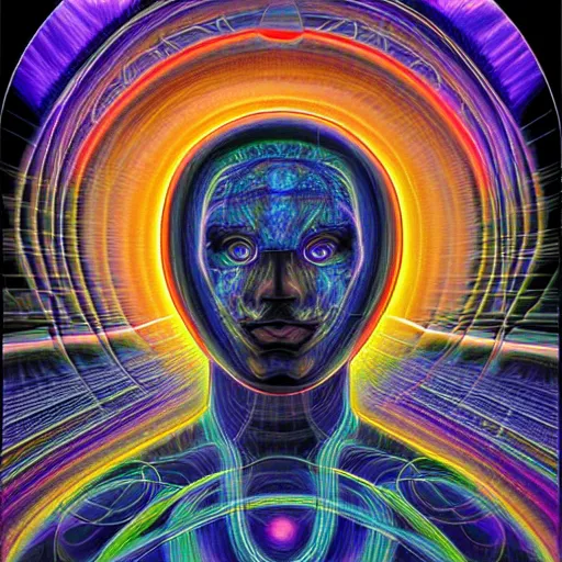 Image similar to black void surrounding visions of the future by alex grey, award - winning, digital painting, hyperdetailed, cosmic