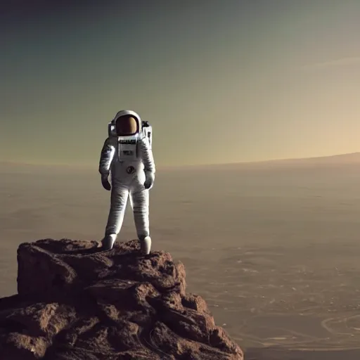 Image similar to an astronaut with their back to the camera, standing on top of a tall cliff, looking out over a futuristic city on mars in the distance, cinematic, ultra realistic, 8 k, hd render