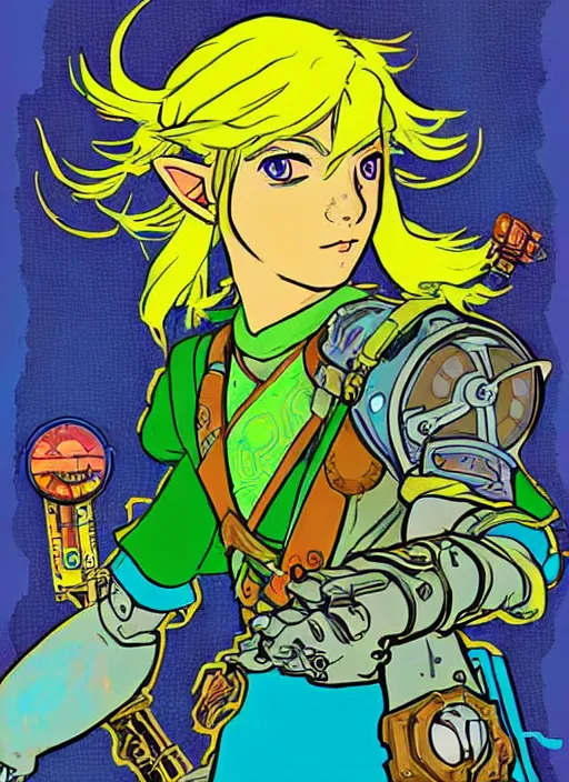 Image similar to solar punk link from zelda!! solar cyborg portrait illustration, pop art, splash painting, art by geof darrow, ashley wood, alphonse mucha, makoto shinkai