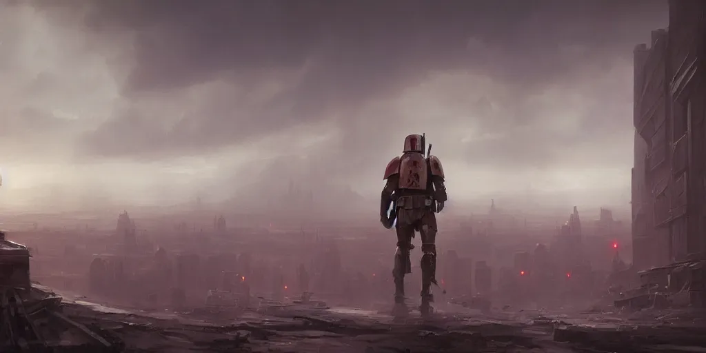 Image similar to a painting of a cinematic keyframe of a star wars mysterious boba fett walking into a cinematic landscape city, heavy atmosphere and smoke by greg rutkowski, rule of thirds, golden ratio, ambient lighting, wlop, artgerm, artstation, highly detailed masterpiece, dark fantasy art, high detail, trending on artstation