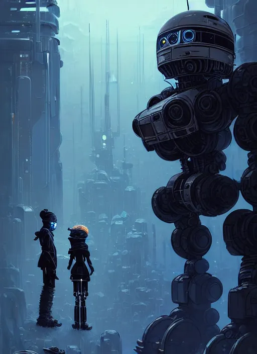 Image similar to highly detailed portrait of a moody frostpunk long blonde hair lady with mecha droid robot companion, stray wiring by atey ghailan, james gilleard, by joe fenton, by greg rutkowski, by greg tocchini, by kaethe butcher, 4 k resolution, gradient blue, black and white color scheme!!! ( ( glaciated dystopian city background ) )