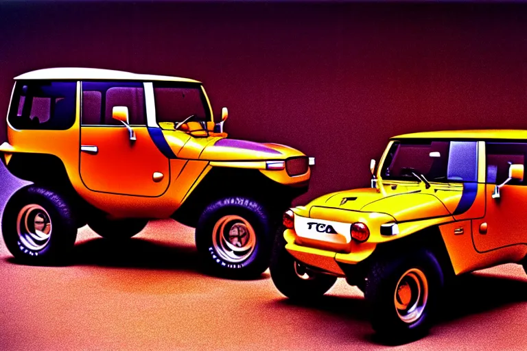 Prompt: designed by giorgetto giugiaro stylized poster of a single toyota fj cruiser concept, thick neon lights, ektachrome photograph, volumetric lighting, f 8 aperture, cinematic eastman 5 3 8 4 film