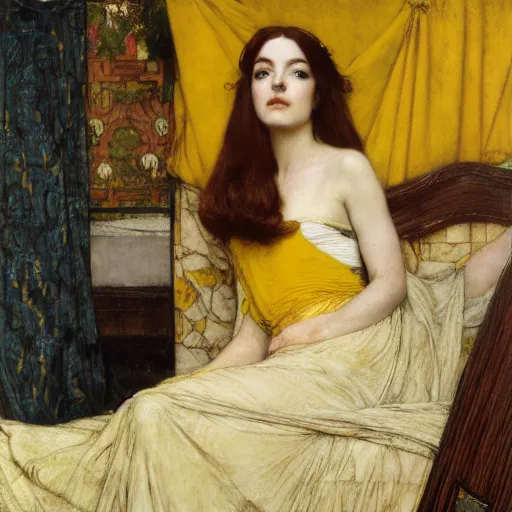 Image similar to portrait reclining on bed, hybrid of judy garland and camilla belle, aged 2 5, brown fringe, wide shot, yellow ochre ornate medieval dress, john william waterhouse, kilian eng, rosetti, john everett millais, william holman hunt, william morris, 4 k