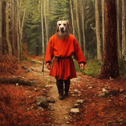 Image similar to Slavic dog head man, woolen torso in medieval clothes, walking in the forest, Orthodox Saint Christopher, oil painting, painting by Viktor Vasnetsov, concept art, hyperrealism, beautiful, high resolution, trending on artstation,