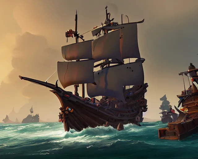 Image similar to sea of thieves concept art for a new large unreleased frigate ship, cgsociety, trending on artstation, rare ltd,