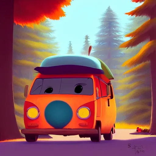 Image similar to goro fujita ilustration a hippie van traveling through the canada forest, painting by goro fujita, sharp focus, highly detailed, artstation