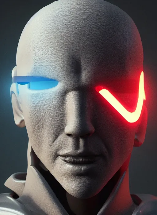 Image similar to bladerunner, cyberpunk, angled facial portrait of a bone ceramic caliente mech humanoid robot Spanish ninja with an attractive bald head and handsome features, large glowing eyes, macho, piroca, dotado, guapo, reflective surface, overwatch, trending on cgsociety, trending on artstation