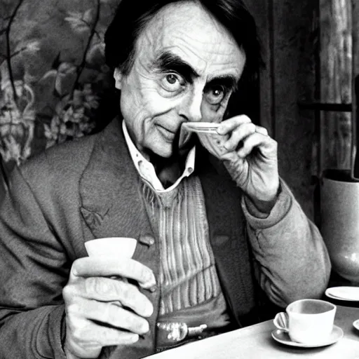 Prompt: carl sagan, green alien, drinking tea in a chinese tea house