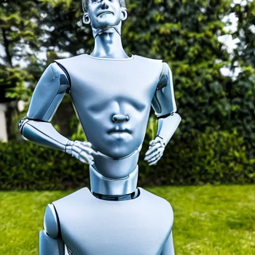 Image similar to a realistic detailed photo of a guy who is an attractive humanoid who is half robot and half humanoid, who is a male android, soccer player martin ødegaard, shiny skin, posing like a statue, blank stare, by the pool, on display, showing off his muscles, humanoid robot, frozen ice statue
