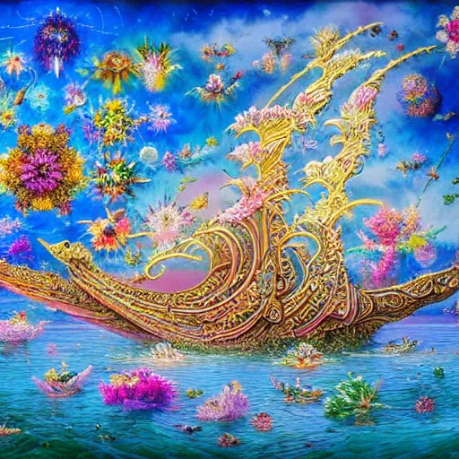 Prompt: intricate detailed flower covered flying swan boat. Lisa Frank, james gurney,dan luvisi,Petros Afshar,tim hildebrandt,liam wong,Mark Riddick,thomas kinkade,ernst haeckel,dan mumford,trending on artstation,josephine wall, WLOP ,cgsociety by Gediminas Pranckevicius, trending on cgsociety and DeviantArt