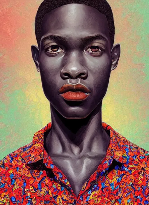 Image similar to colourful upper half portrait an african boy - art by james jean, highly detailed, digital painting, illustration, illustration, smooth, sharp focus, intricate, symmetry, pinterest, behance, art station