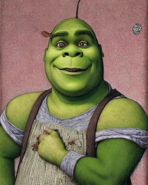 Prompt: Shrek as an event companion, painting by Chie Yoshii. Cinematic.