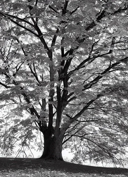 Prompt: maple tree old photo, back and white, wide shot, now crop