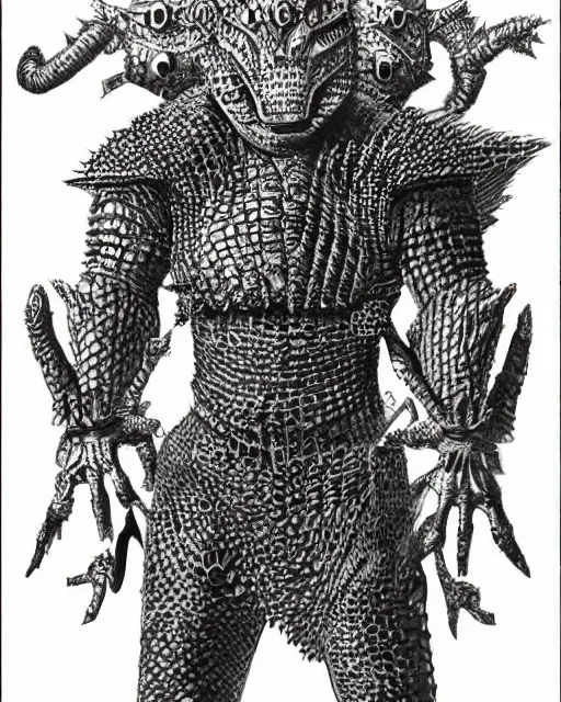 Prompt: anthro crocodile crocman wearing tribal armor, artwork by kentaro miura, crocodile man, kentaro miura art