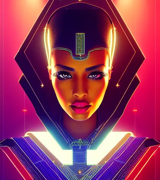 Prompt: symmetry!! egyptian queen of technology, solid cube of light, hard edges, product render retro - futuristic poster scifi, lasers and neon circuits, brown skin beautiful egyptian, queen, intricate, elegant, highly detailed, digital painting, artstation, concept art, smooth, sharp focus, illustration, dreamlike, art by artgerm