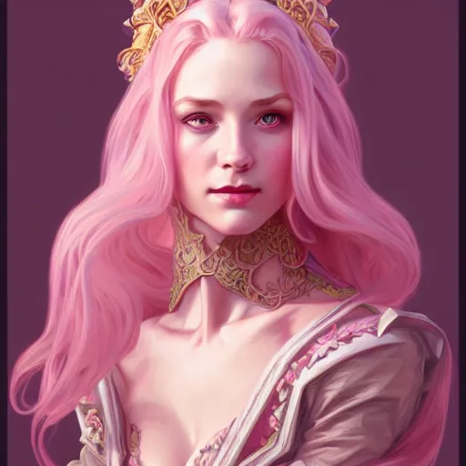 Image similar to aristocrat, subtle smile, female, d & d, fantasy, intricate, elegant, highly detailed, long pink hair, digital painting, artstation, octane render, concept art, matte, sharp focus, illustration, hearthstone, art by artgerm, alphonse mucha johannes voss