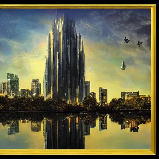 Prompt: futuristic science fiction magical building towering above the river, reflection on the water, beautifully lit, masterpiece, 4K high resolution by Rebecca Guay