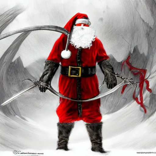 Image similar to Santa Claus fighting against sauron in lord of the rings, digital art, grim atmosphere