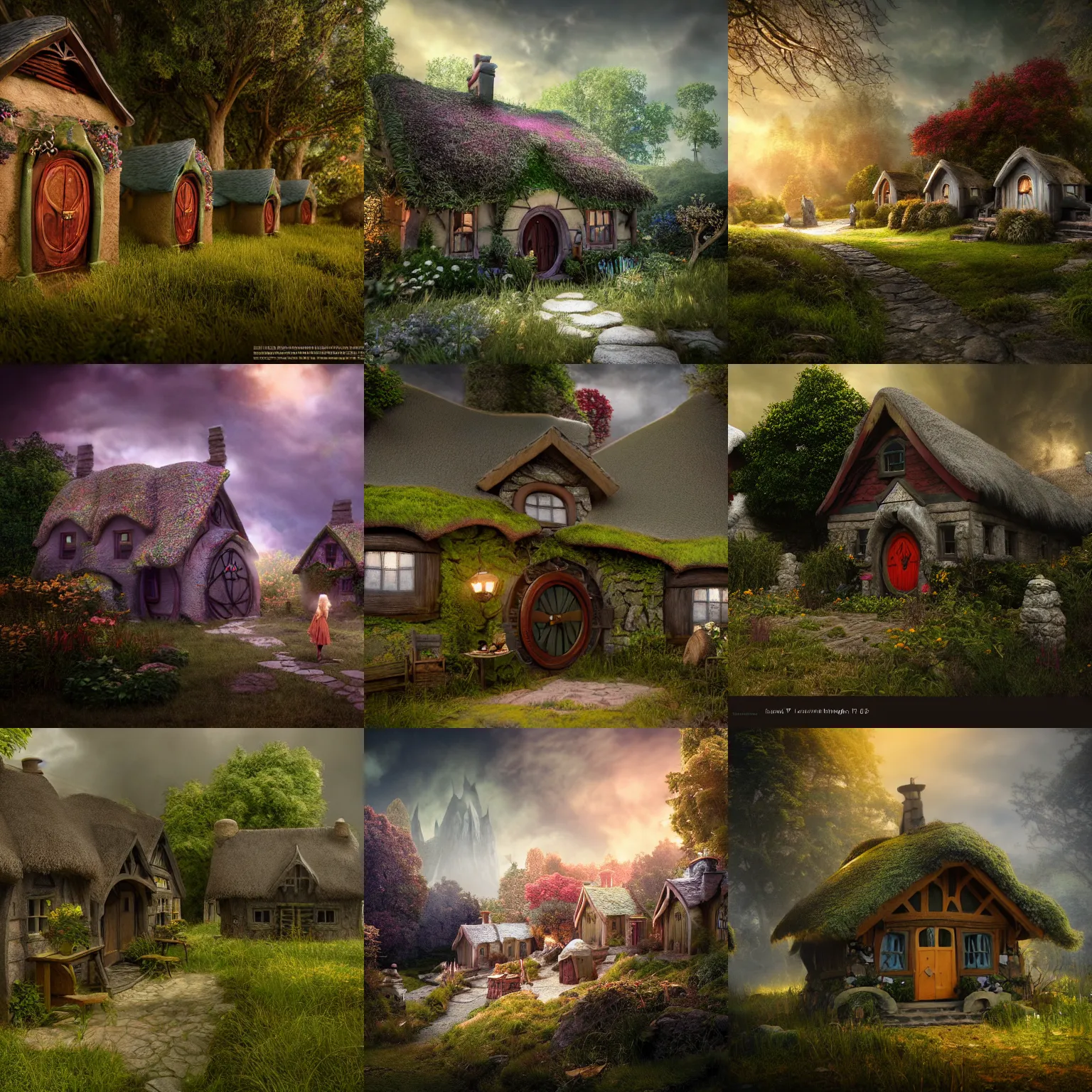 Prompt: lord of the rings muted colors old fashioned fairy cottages, digital art product design render in light room photo studior, octane rendering, dramatic lighting, HDR, VRAY 2k render, ray tracing , fdarkness , realistic