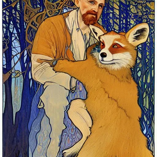 Prompt: landscape art nouveau painting of an old man and his fox in the forest, by alphonse mucha and gustav klimt and antoni gaudi, masterpiece,, warm shades of blue, silver, orange, gold, and pink