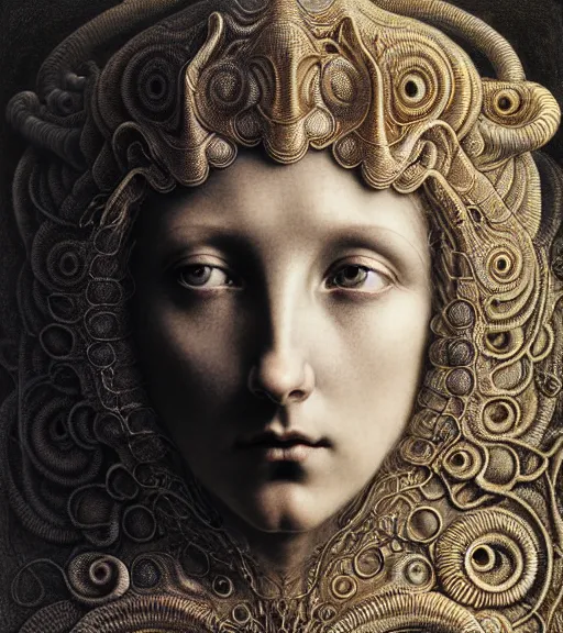 Image similar to detailed realistic beautiful radiant goddess face portrait by jean delville, gustave dore, iris van herpen and marco mazzoni, art forms of nature by ernst haeckel, art nouveau, symbolist, visionary, gothic, neo - gothic, pre - raphaelite, fractal lace, intricate alien botanicals, biodiversity, surreality, hyperdetailed ultrasharp octane render