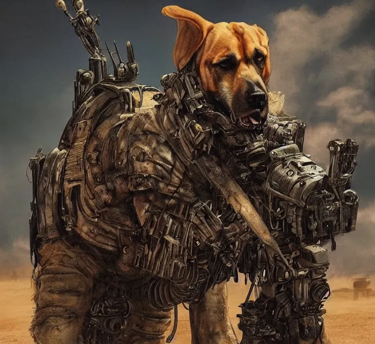 Image similar to a good ol'bloodhound dog fursona ( from the furry fandom ), heavily armed and armored facing down armageddon in a dark and gritty version from the makers of mad max : fury road. witness me.