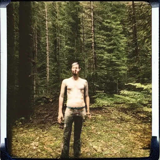 Image similar to a polaroid picture of a hiker in a forest before he went missing there is a wendigo hiding in the background,