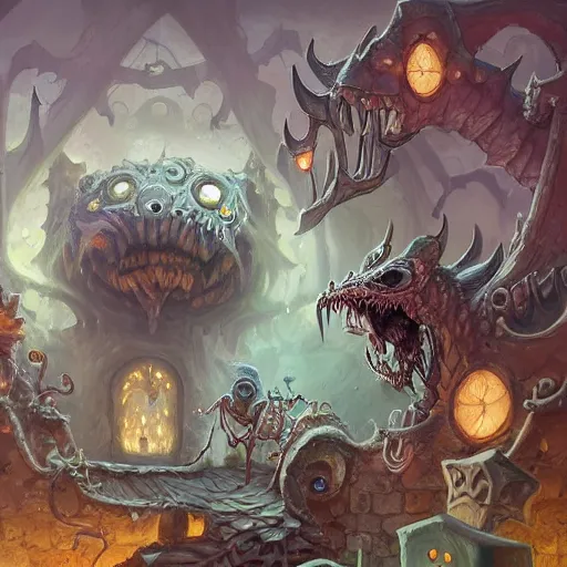 Image similar to a beholder creature patrolling, deep focus, d & d, fantasy, intricate, elegant, highly detailed, digital painting, dungeon, concept art, matte, sharp focus, illustration, hearthstone, skeletons, art by eva widermann and jesper ejsing