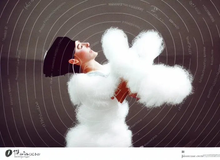 Image similar to realistic photo of the woman gymnast sports team white cotton fluffy bird white carnival costumes shorts, fluffy pigeon head face portrait, wood in autumn, grey dusk sky with black clouds 1 9 9 0, life magazine reportage photo,