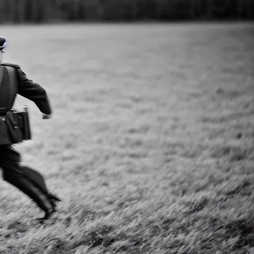 Prompt: a german officer holding his officer cap, movement blur, he is running across a dirt field, taken on a ww 2 camera, realistic.