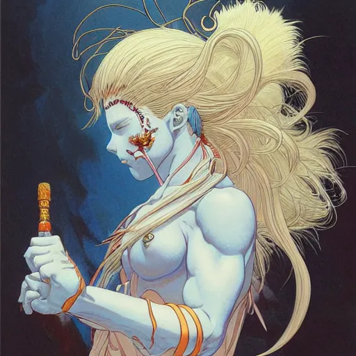 Image similar to prompt : magestic warrior portrait soft light painted by james jean and katsuhiro otomo, inspired by evangeleon anime, smooth face feature, intricate oil painting, high detail illustration, sharp high detail, manga and anime 1 9 9 0