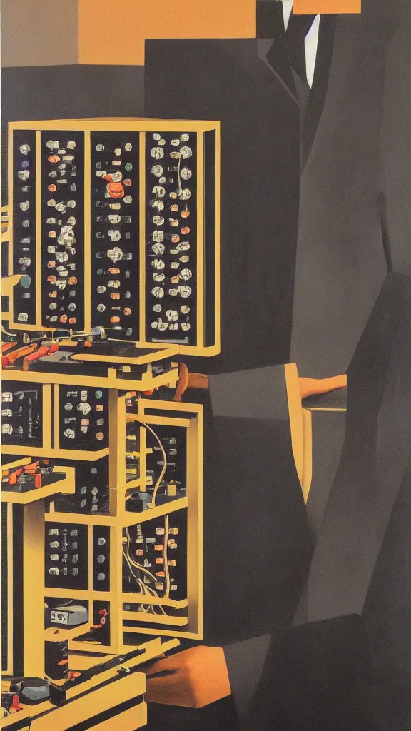 Image similar to a detailed painting of a modular synth by Rene Magritte