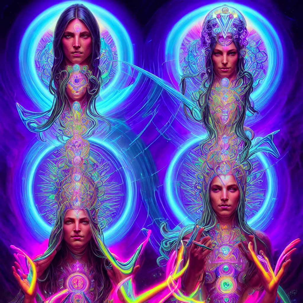 Prompt: epic scale cinematic full centered view chromaticity dmt goddess alex grey character concept of a beautiful colorful crystals powder liquids, glowing fluorescent velvet neon blacklight hues and saturation, sacred dmt color goddess visionary fantasy art by greg rutkowski android jones artgerm alphonse max chroma rule of thirds golden ratio sacred geometry ai generated art centered symmetrical threefold symmetry