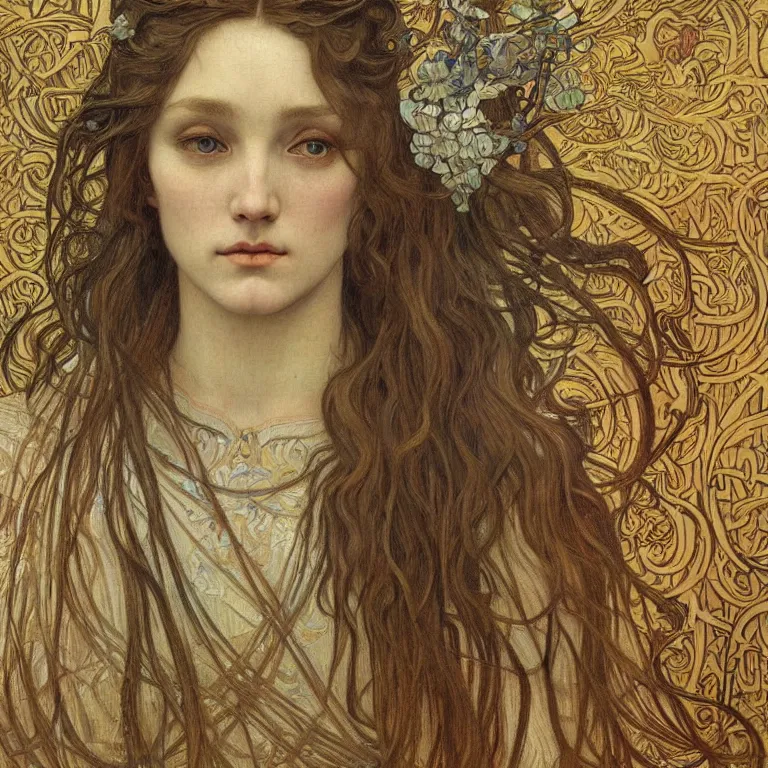 Image similar to detailed realistic beautiful young medieval queen face portrait by jean delville, alphonse mucha, vincent van gogh, and marco mazzoni, art nouveau, symbolist, visionary, gothic, pre - raphaelite