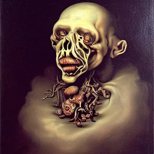 Prompt: oil painting with black background by christian rex van minnen rachel ruysch dali todd schorr of a chiaroscuro portrait of an extremely bizarre disturbing mutated man with acne intense chiaroscuro cast shadows obscuring features dramatic lighting perfect composition masterpiece