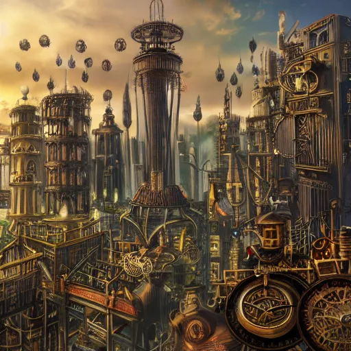 Image similar to Free city, floating in the wind on its huge shining engine. It is inhabited by a variety of creatures, erecting their own high building, a match for their self-expression. Steampunk style.