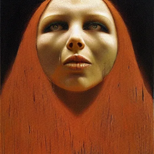 Prompt: young teen female. Her head is crow head , painting by Beksinski