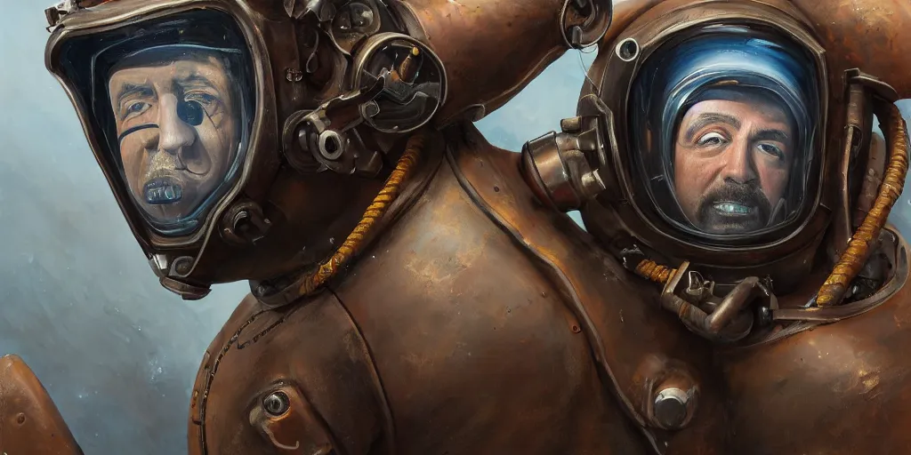 Image similar to highly detailed portrait painting of welder stallone in atmospheric diving suit, perfect symmetrical eyes, by eddie mendoza and tyler edlin, windows, 8 k resolution