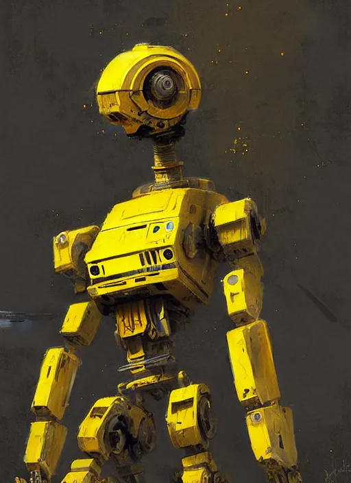 Prompt: tall strong intricate yellow pit droid, painterly mecha, by Greg Rutkowski