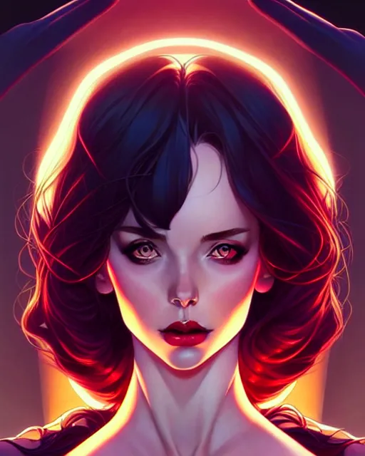 Image similar to artgerm, joshua middleton comic cover art, full body pretty kacey rohl vampire, symmetrical eyes, symmetrical face, long curly black hair, dark castle background background, cinematic lighting