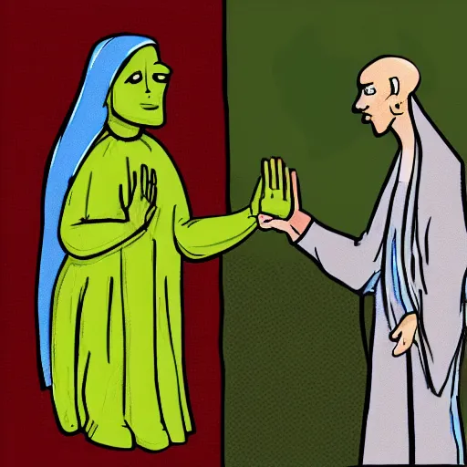 Prompt: A lizard person shaking hands with a religious icon, concept art