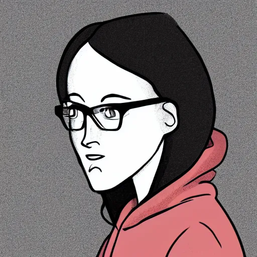 Prompt: a woman with dark hair and glasses, wearing a black hoodie, white shirt and jeans, looking around, worried, illustration, cartoonish style