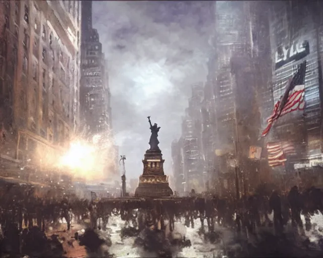 Image similar to giant Donald Trump boxing the Statue of Liberty fight in Manhattan, post apocalyptic New York, craig mullins, dramatic lighting, very detailed