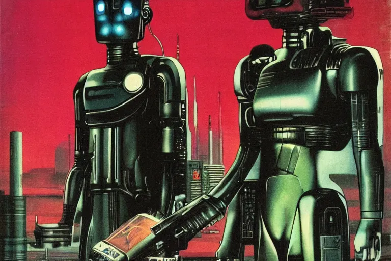 Image similar to 1979 OMNI Magazine Cover depicting a creepy angry imposing Android in the middle of a large room. Cyberpunk Akira style by Vincent Di Fate