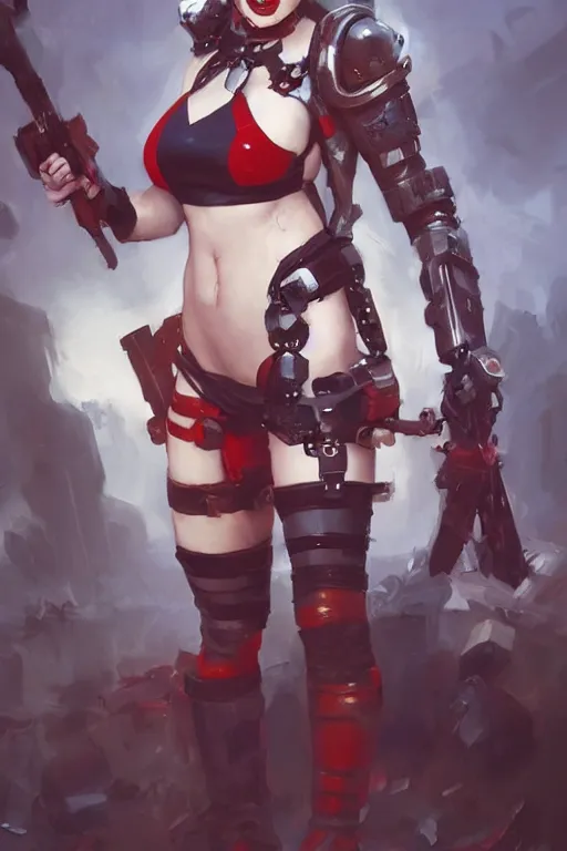 Image similar to portrait of cute Harley Quinn in bikini armor, dc comics, cyberpunk, Warhammer 40000, dark fantasy, digital art from artstation by Ruan Jia and Mandy Jurgens and Artgerm and william-adolphe bouguereau