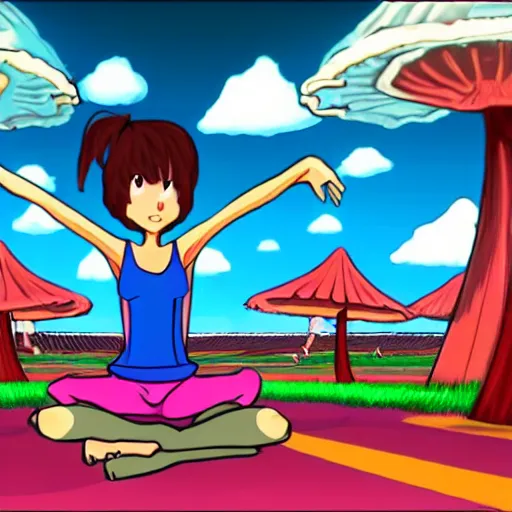 Image similar to skinny muscular girl practicing youga on shrooms wide angle cinematic