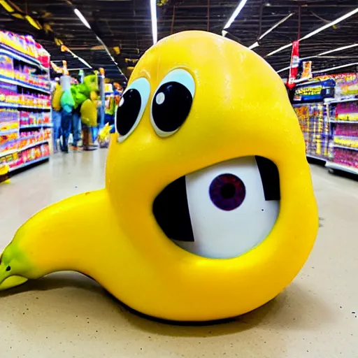 Prompt: banana duck at Walmart, peeled banana with googly eyes and duck beak, goofy banana duck hybrid spotted at Walmart. ISO 300, depth of field
