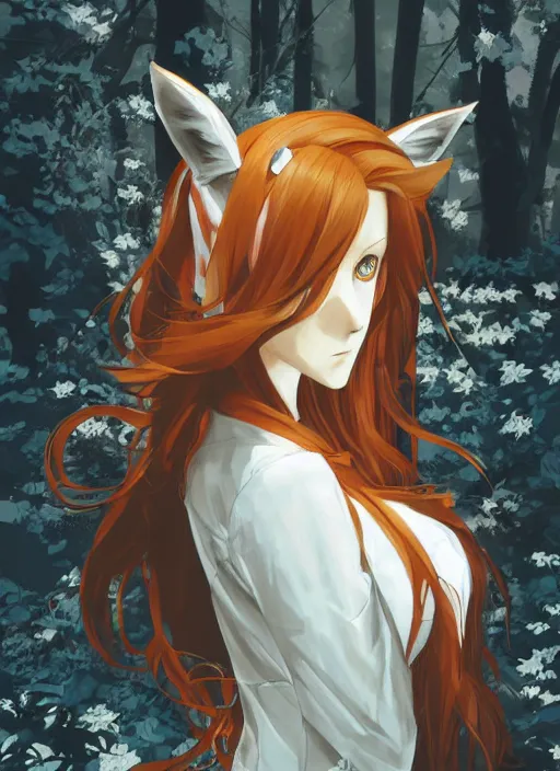 Image similar to illustration by shigenori soejima, girl with fox ears, long wavy orange hair, light brown trenchcoat, forest background, focus on face, pretty, moody lighting, painterly